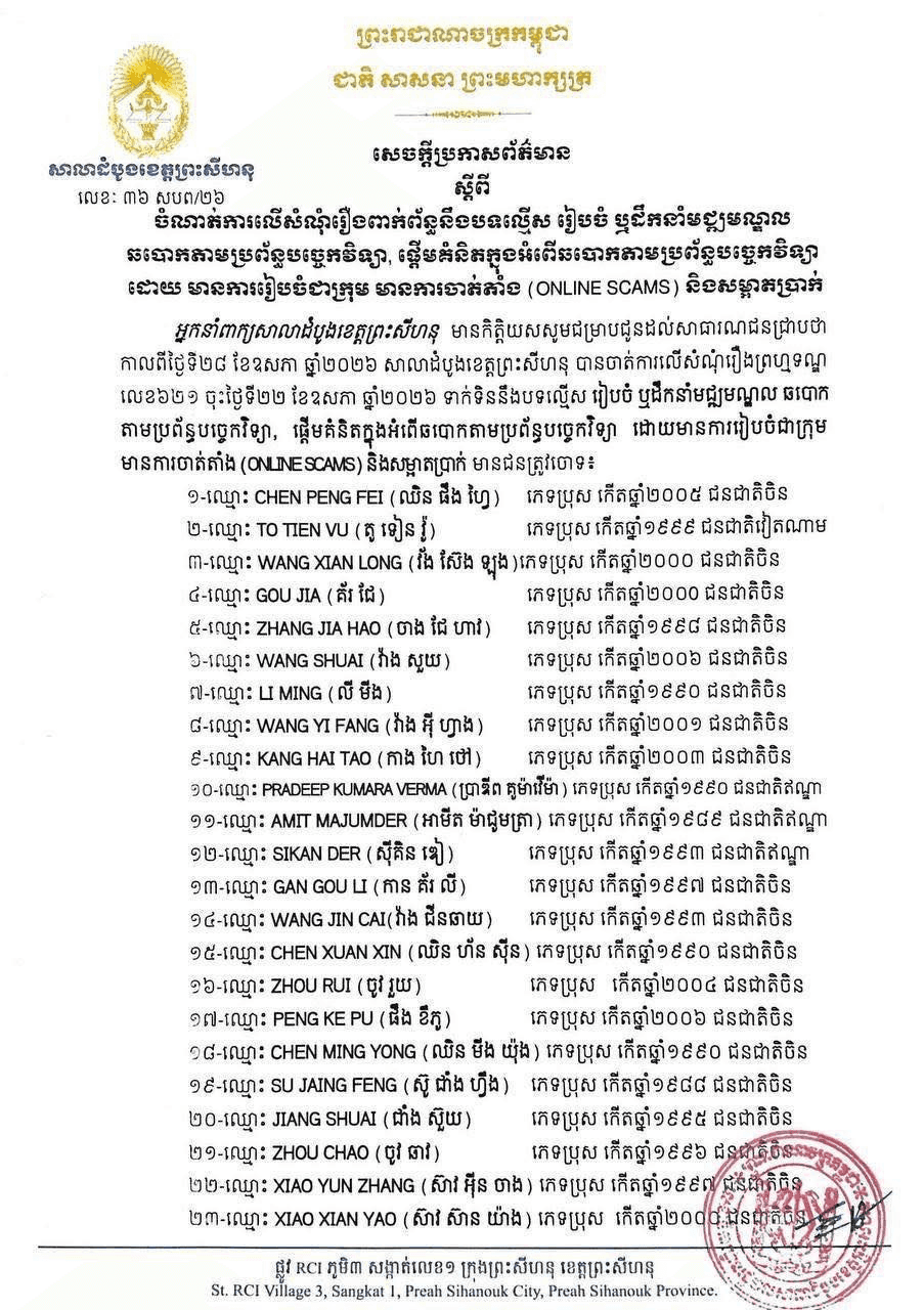 Cambodia Names 34 Individuals in Fresh Sihanoukville Online Scam Crackdown - read the full list
