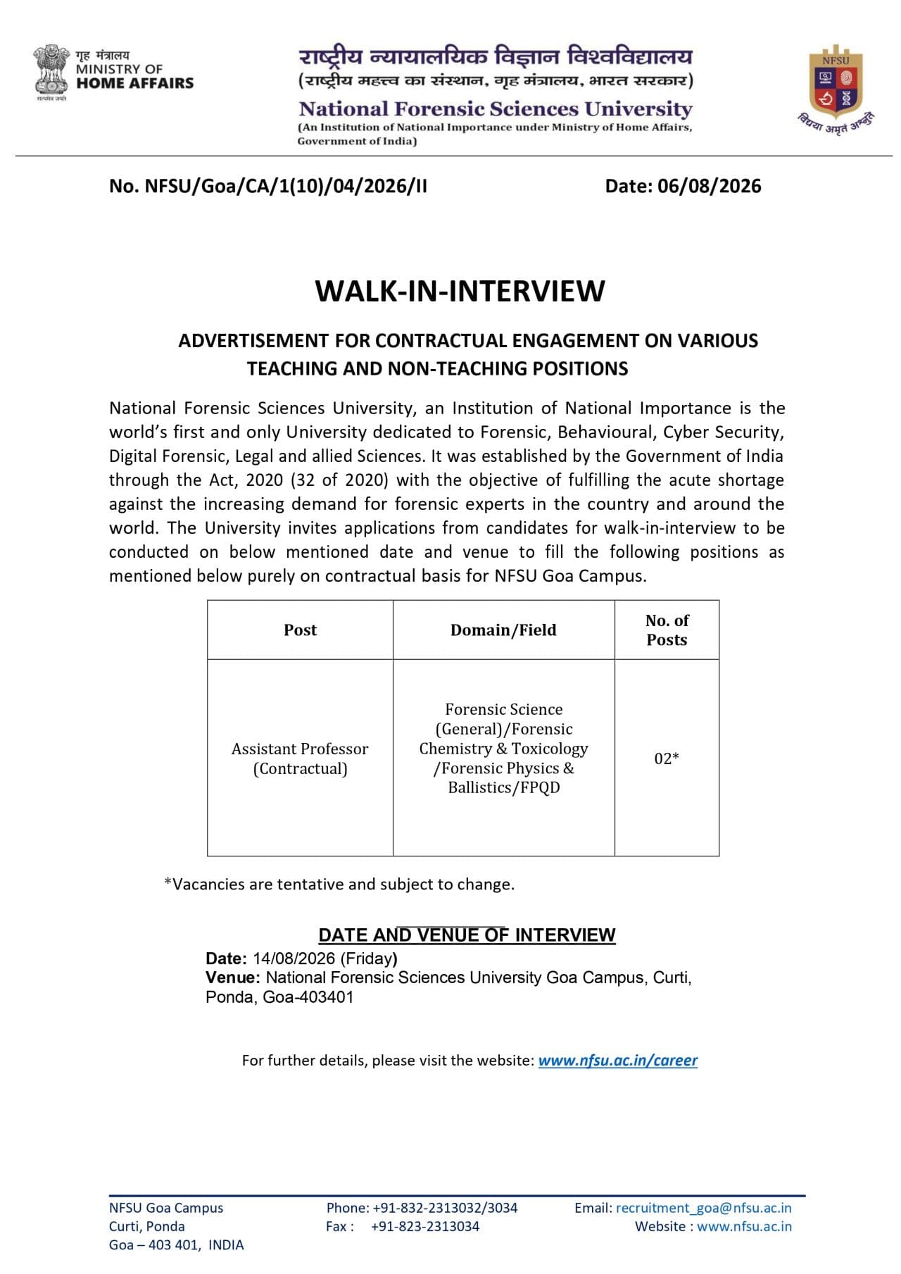 NFSU Goa Recruitment 2026 – Assistant Professor (Contractual) Walk-in-Interview on 14 August 2026