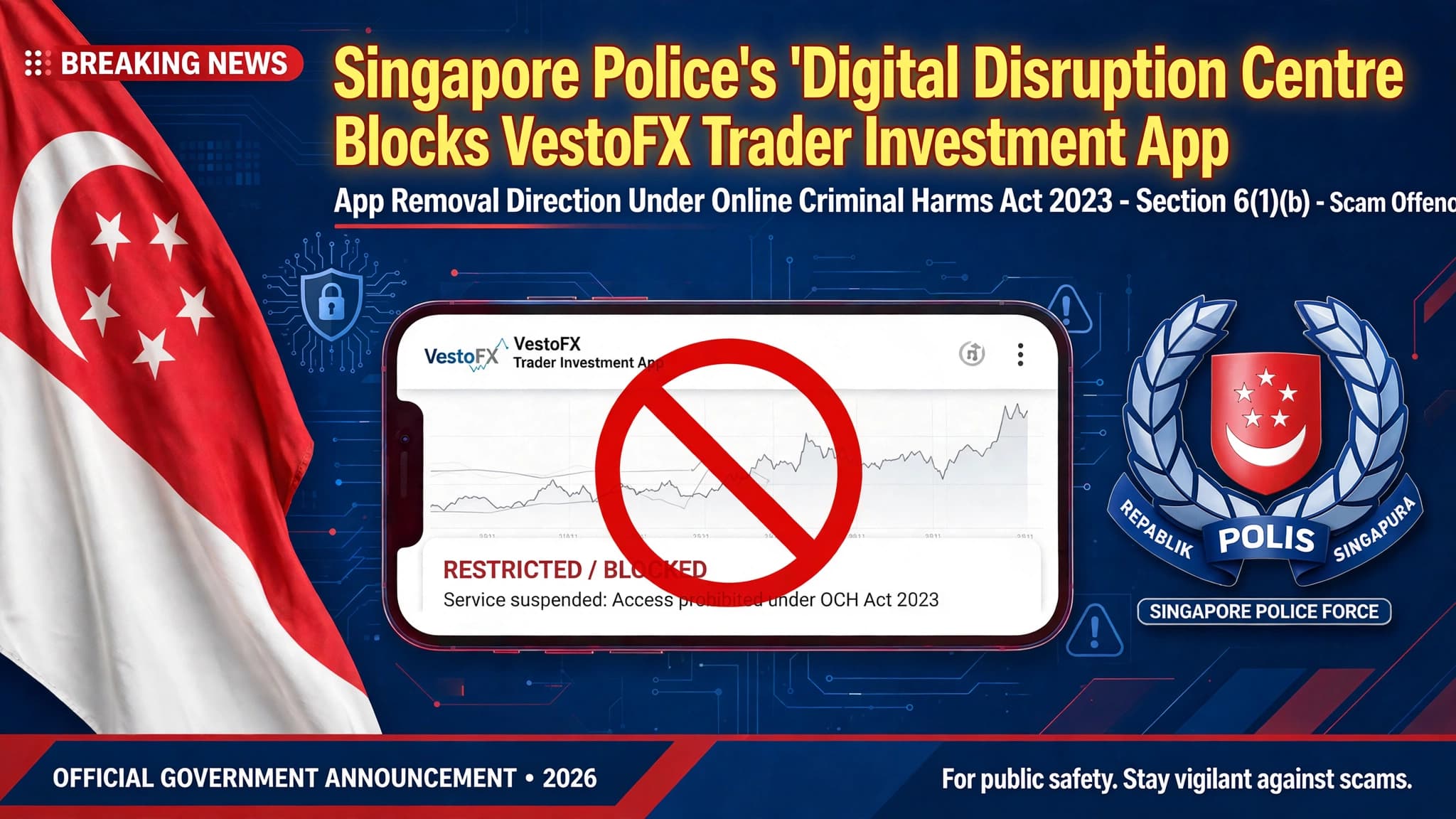 Singapore police outfit Digital Disruption Centre blocks VestoFX Trader Investment App