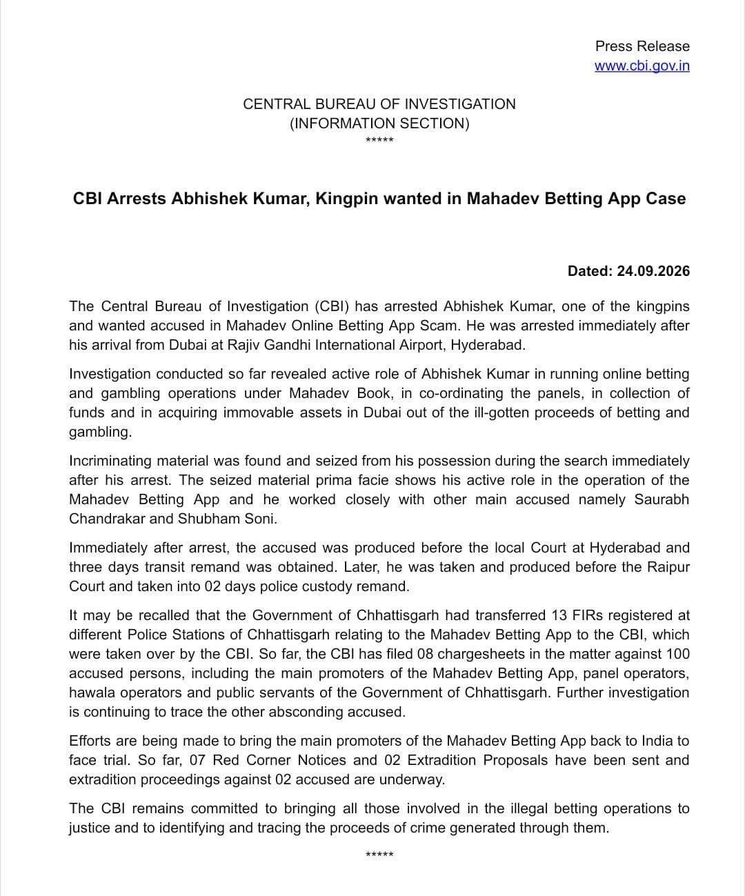 India arrests Mahadev Betting App kingpin Abhishek Kumar at Hyderabad airport