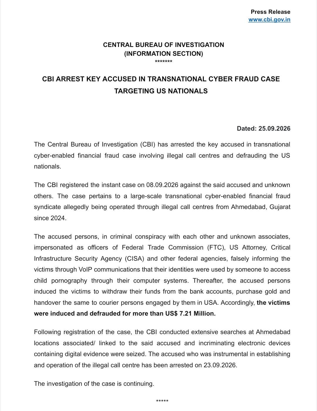 India’s CBI nabs wanted call-centre operator in $7.21M impersonation fraud targeting US nationals