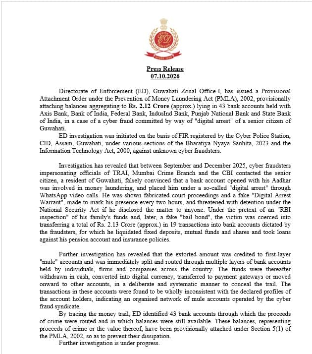 India’s ED freezes $250,000 in digital-arrest scam that drained a Guwahati pensioner