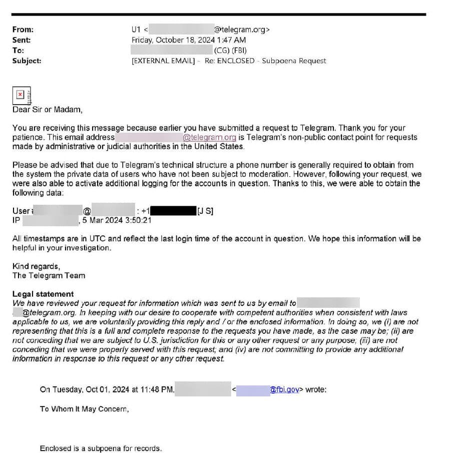 What does Telegram provide to Law Enforcement Agencies?