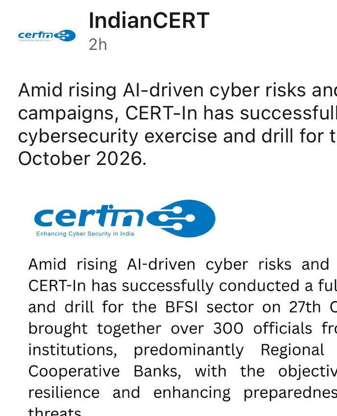 India's CERT Runs AI Cyberattack Drill for 55 Financial Institutions amid rising AI based attacks